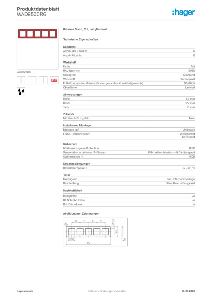 Bild Hager Produktdatenblatt WAD9500RG | Hager Deutschland