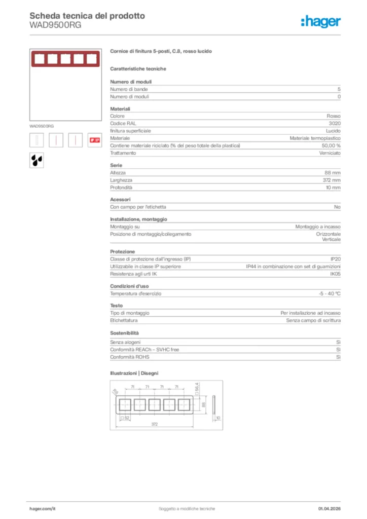 Immagine Hager Scheda tecnica del prodotto WAD9500RG | Hager Italia