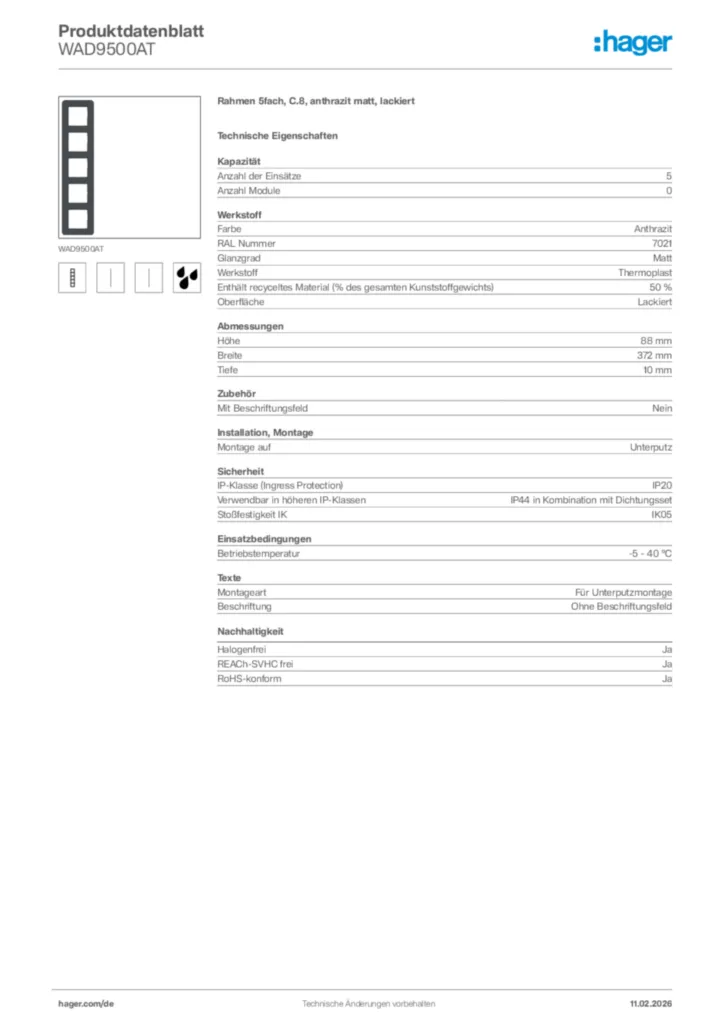 Bild Hager Produktdatenblatt WAD9500AT | Hager Deutschland