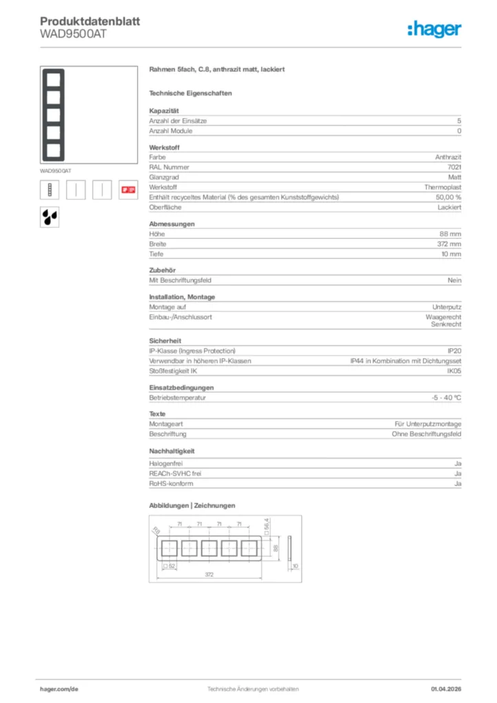 Bild Hager Produktdatenblatt WAD9500AT | Hager Deutschland