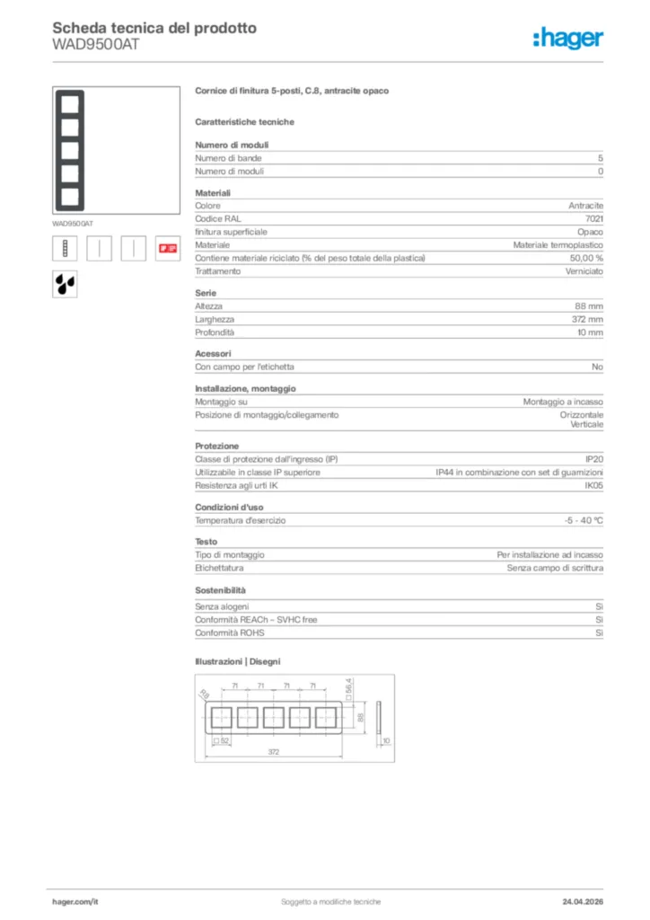 Immagine Hager Scheda tecnica del prodotto WAD9500AT | Hager Italia