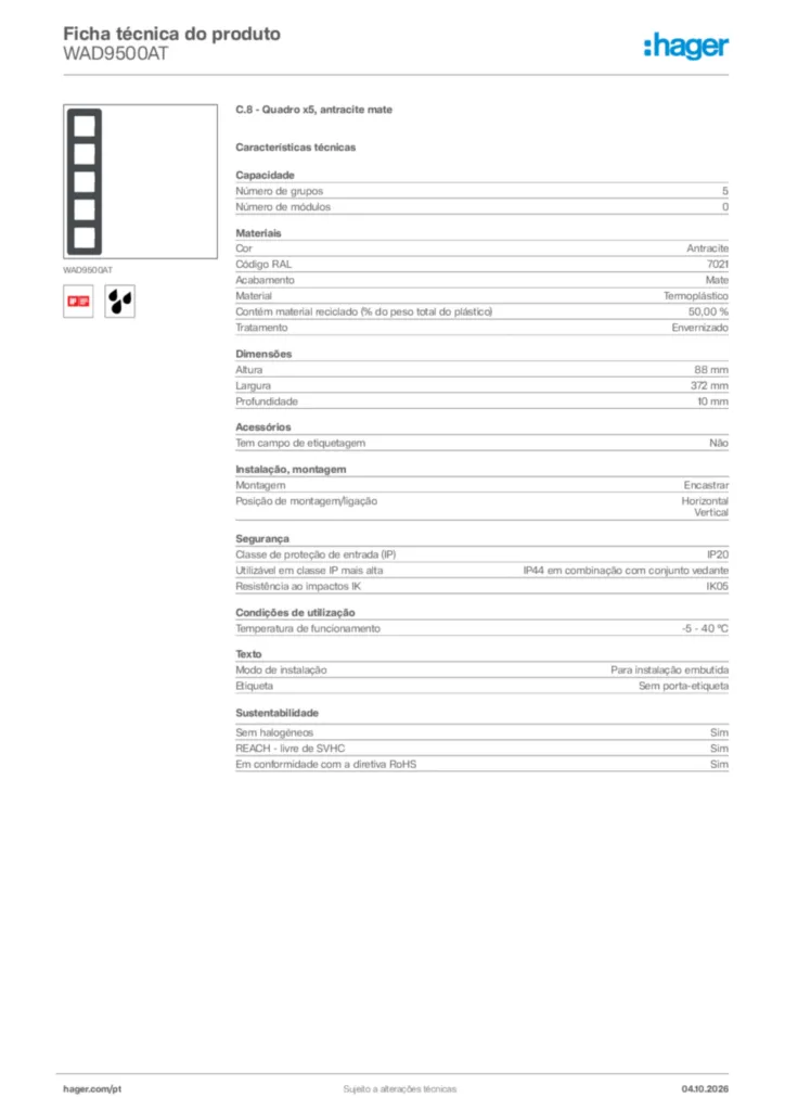 Imagem Hager Ficha técnica do produto WAD9500AT | Hager Portugal