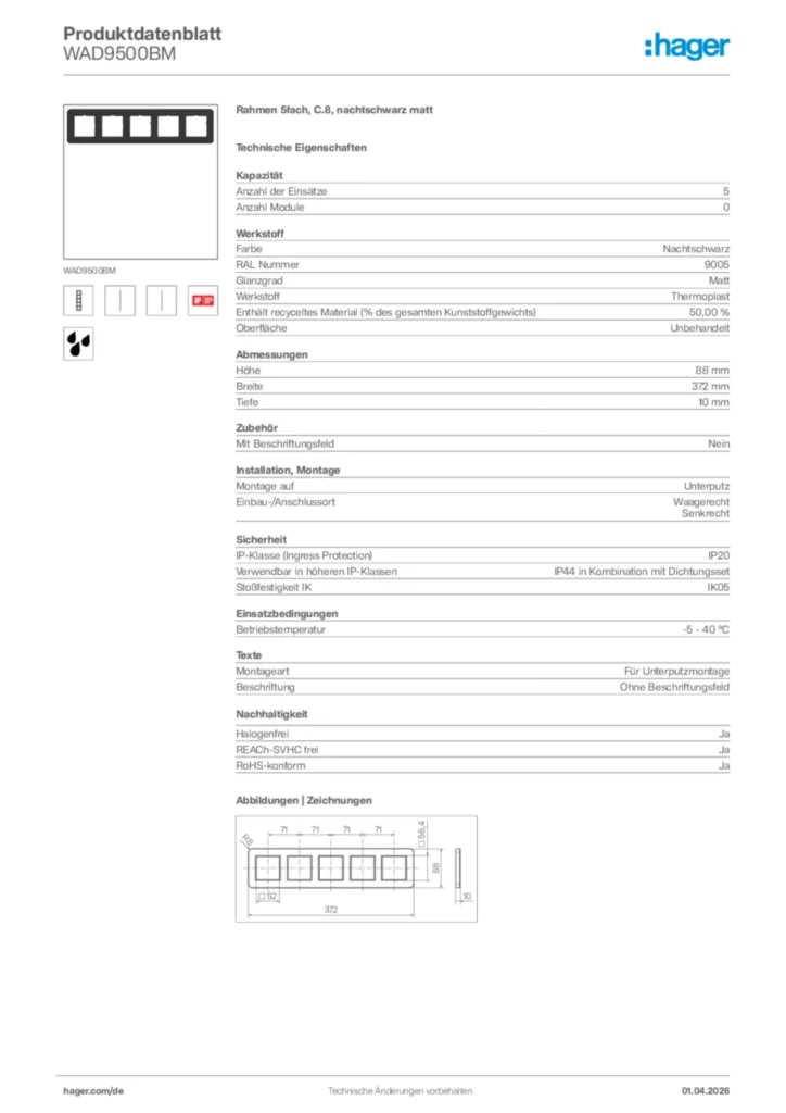 Bild Hager Produktdatenblatt WAD9500BM | Hager Deutschland