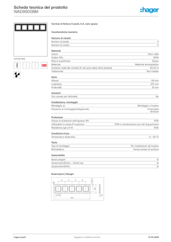 Immagine Hager Scheda tecnica del prodotto WAD9500BM | Hager Italia