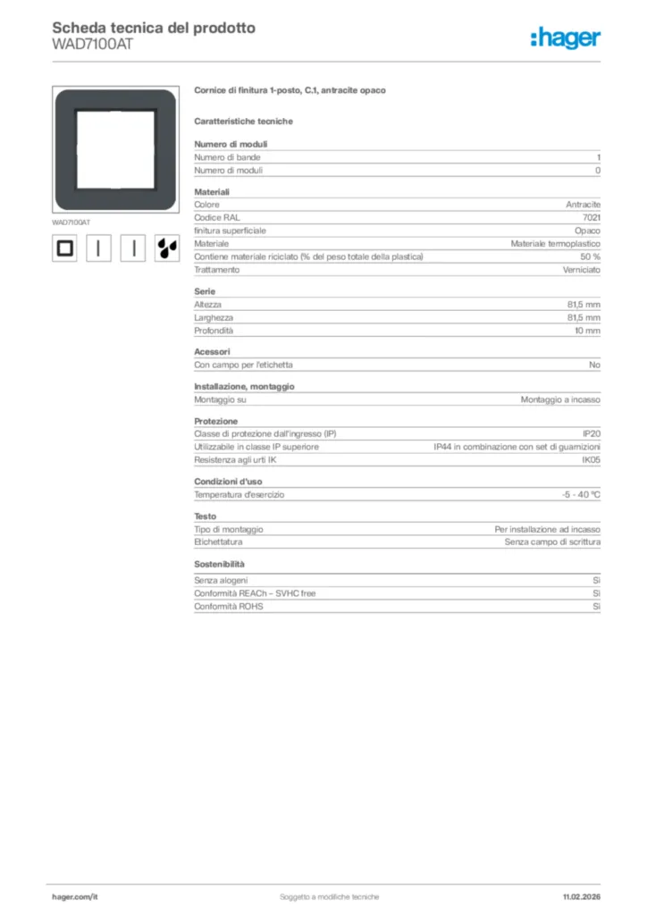 Immagine Hager Scheda tecnica del prodotto WAD7100AT | Hager Italia