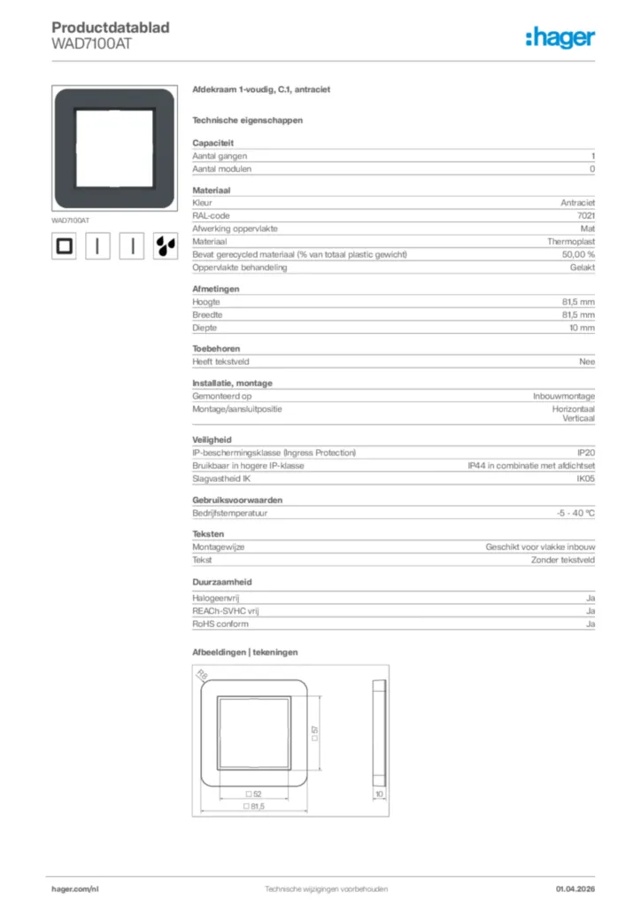 Afbeelding Hager Productdatablad WAD7100AT | Hager Nederland