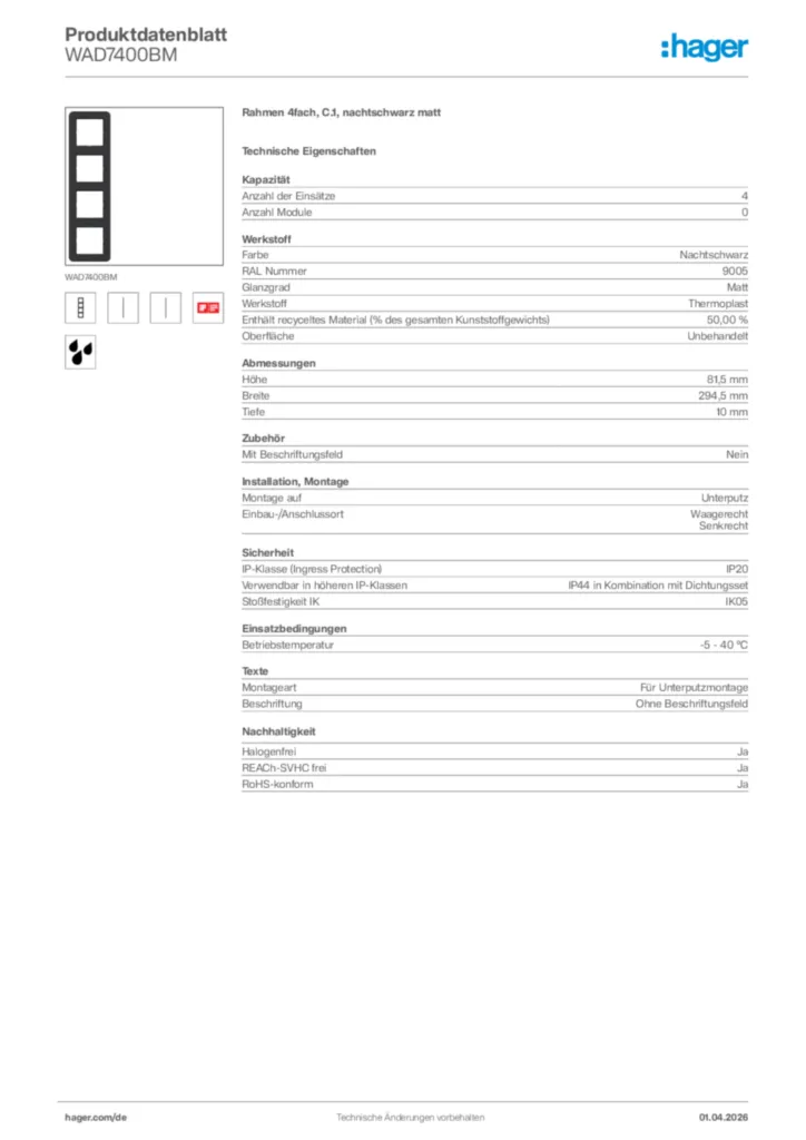 Bild Hager Produktdatenblatt WAD7400BM | Hager Deutschland