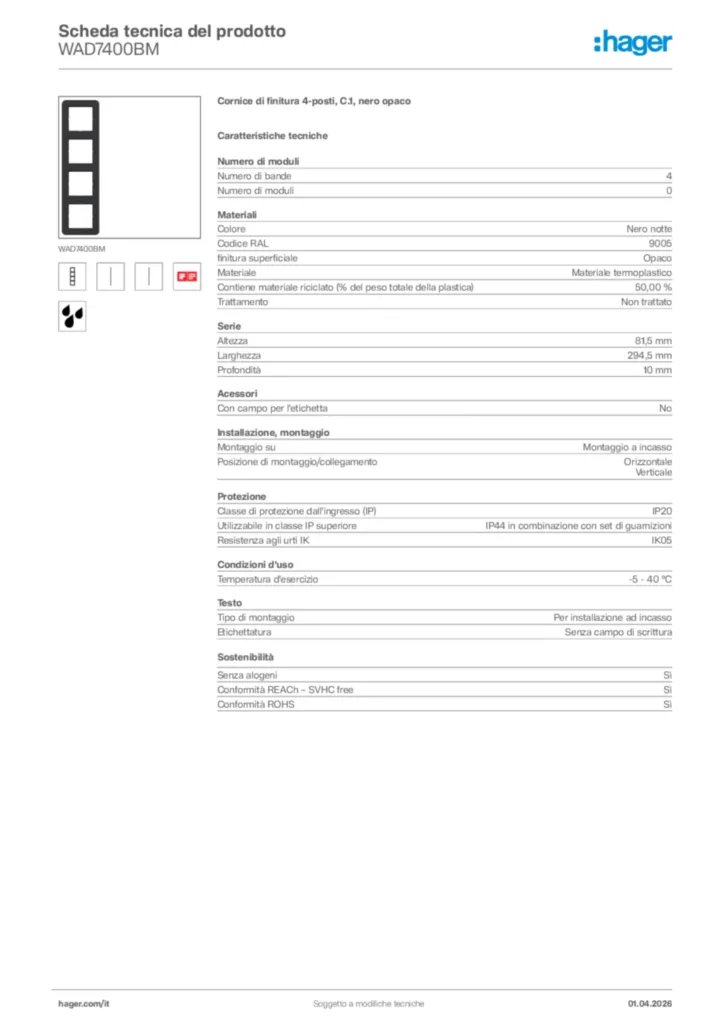 Immagine Hager Scheda tecnica del prodotto WAD7400BM | Hager Italia