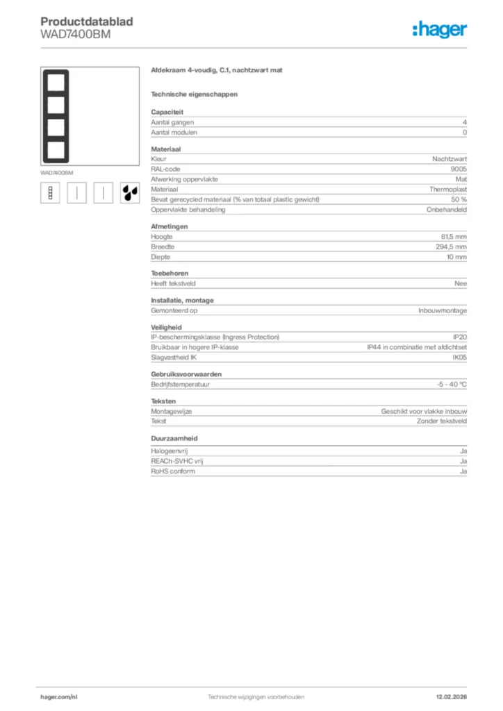 Afbeelding Hager Productdatablad WAD7400BM | Hager Nederland