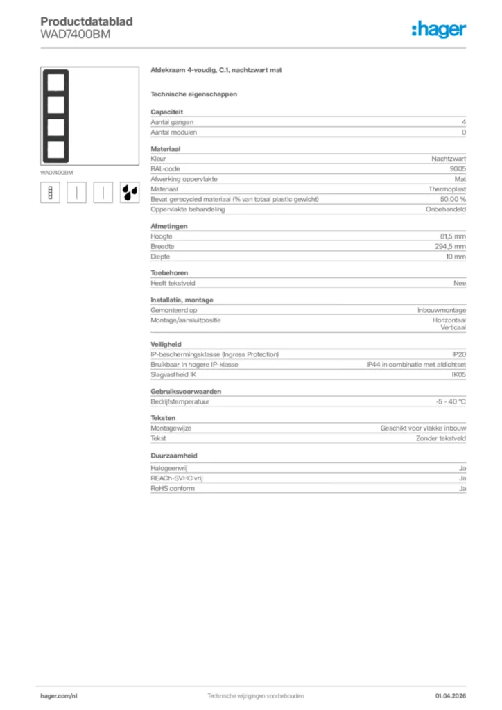 Afbeelding Hager Productdatablad WAD7400BM | Hager Nederland