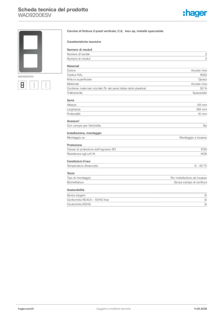Immagine Hager Scheda tecnica del prodotto WAD9200ESV | Hager Italia