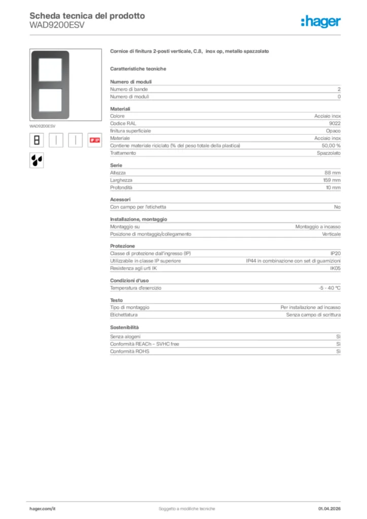 Immagine Hager Scheda tecnica del prodotto WAD9200ESV | Hager Italia