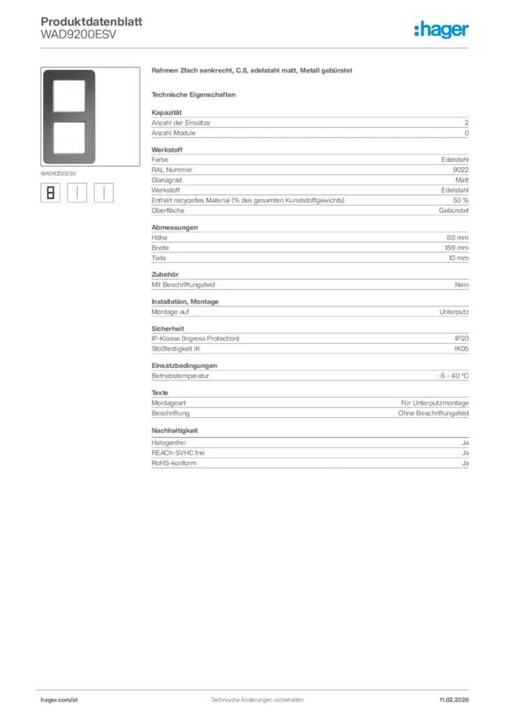 Bild Hager Produktdatenblatt WAD9200ESV | Hager Deutschland