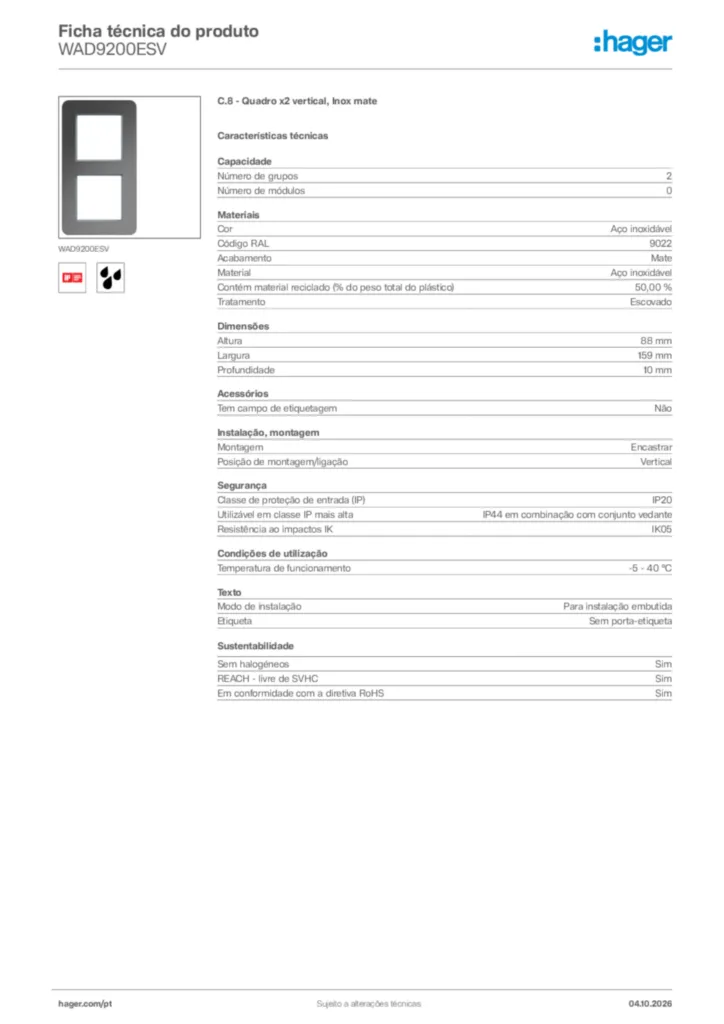 Imagem Hager Ficha técnica do produto WAD9200ESV | Hager Portugal