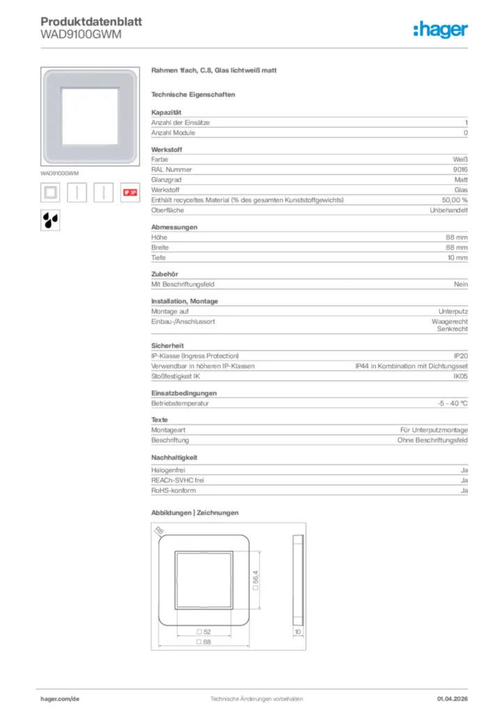 Bild Hager Produktdatenblatt WAD9100GWM | Hager Deutschland