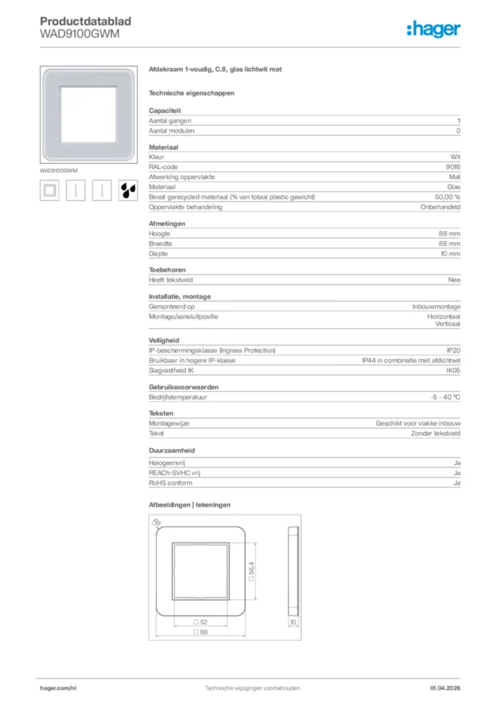 Afbeelding Hager Productdatablad WAD9100GWM | Hager Nederland