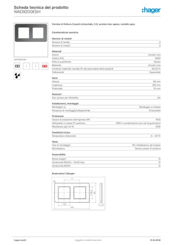 Immagine Hager Scheda tecnica del prodotto WAD9200ESH | Hager Italia