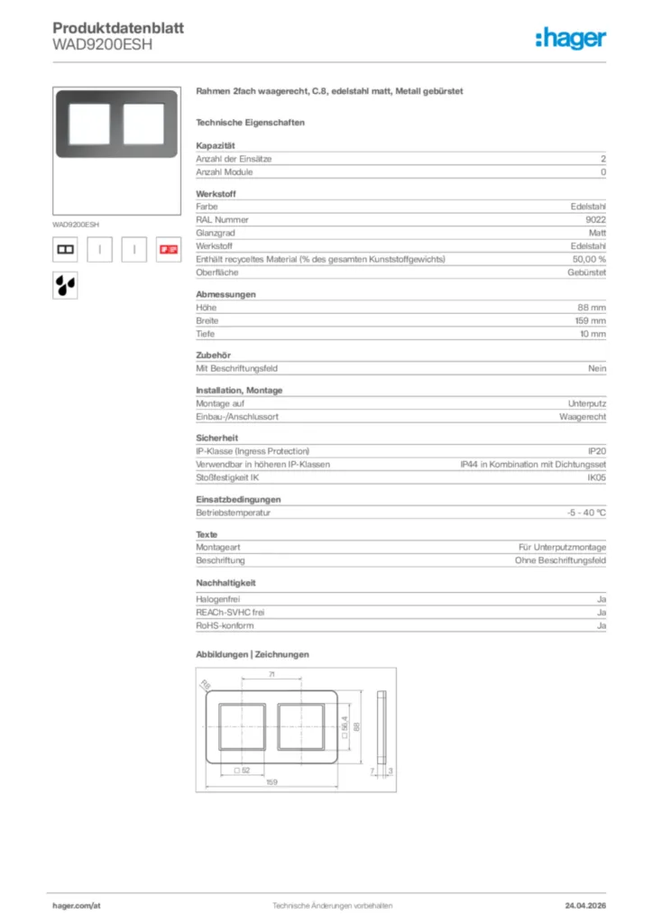 Bild Hager Produktdatenblatt WAD9200ESH | Hager Deutschland