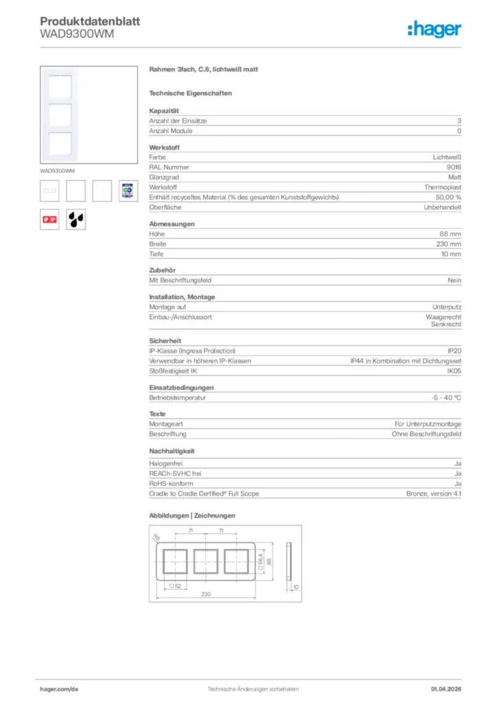 Bild Hager Produktdatenblatt WAD9300WM | Hager Deutschland
