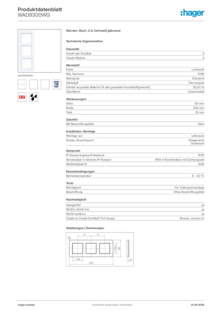 Bild Hager Produktdatenblatt WAD9300WG | Hager Deutschland