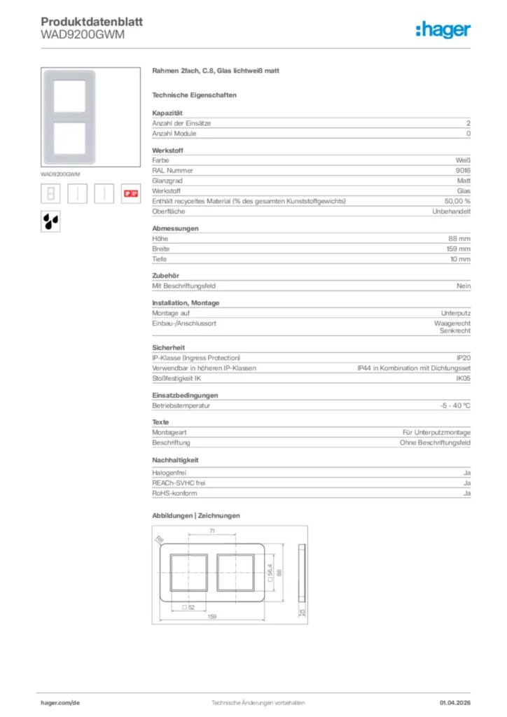 Bild Hager Produktdatenblatt WAD9200GWM | Hager Deutschland