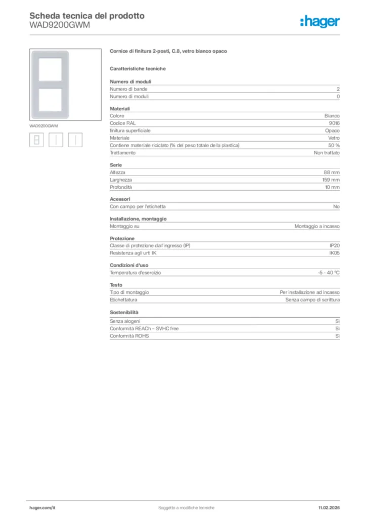 Immagine Hager Scheda tecnica del prodotto WAD9200GWM | Hager Italia