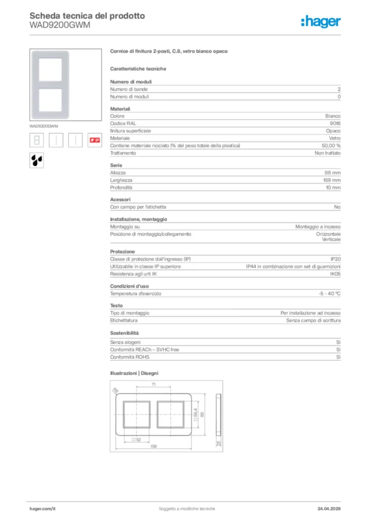 Immagine Hager Scheda tecnica del prodotto WAD9200GWM | Hager Italia