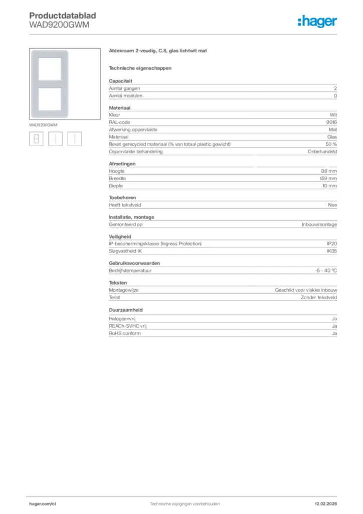Afbeelding Hager Productdatablad WAD9200GWM | Hager Nederland