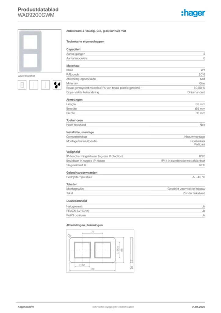 Afbeelding Hager Productdatablad WAD9200GWM | Hager Nederland