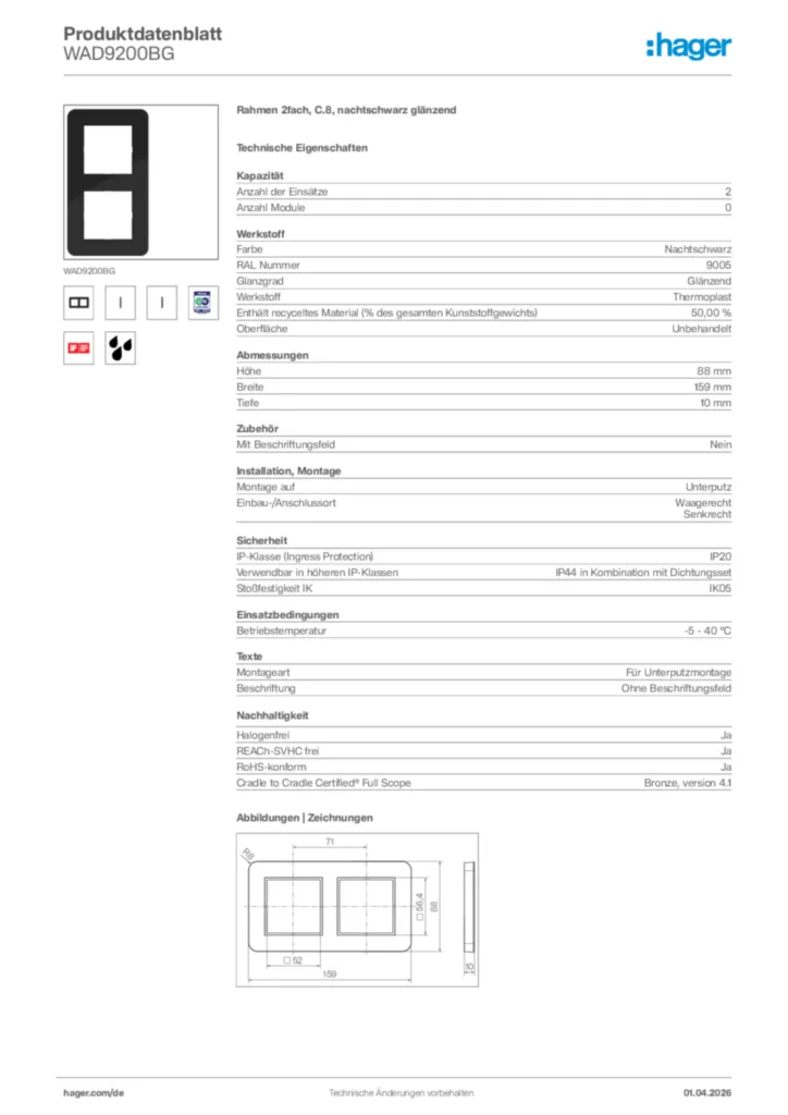 Bild Hager Produktdatenblatt WAD9200BG | Hager Deutschland