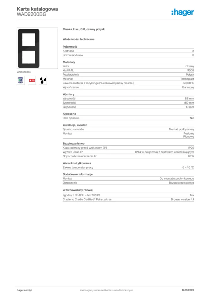 Zdjęcie Hager Karta katalogowa WAD9200BG | Hager Polska