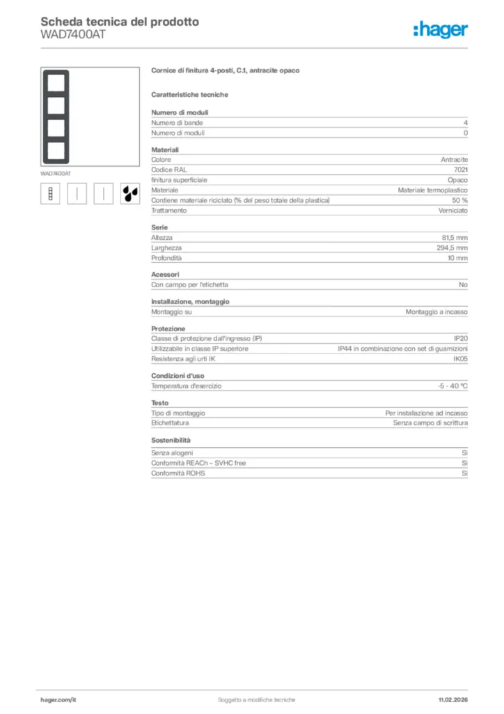 Immagine Hager Scheda tecnica del prodotto WAD7400AT | Hager Italia