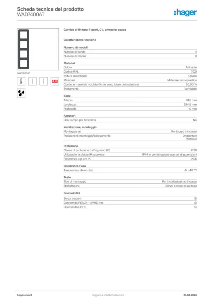 Immagine Hager Scheda tecnica del prodotto WAD7400AT | Hager Italia