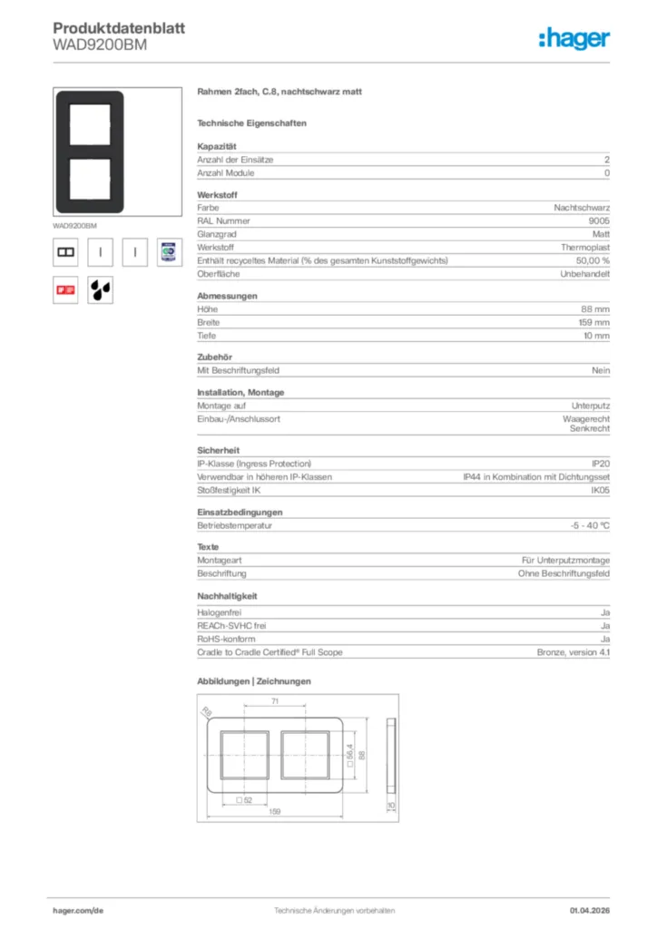 Bild Hager Produktdatenblatt WAD9200BM | Hager Deutschland