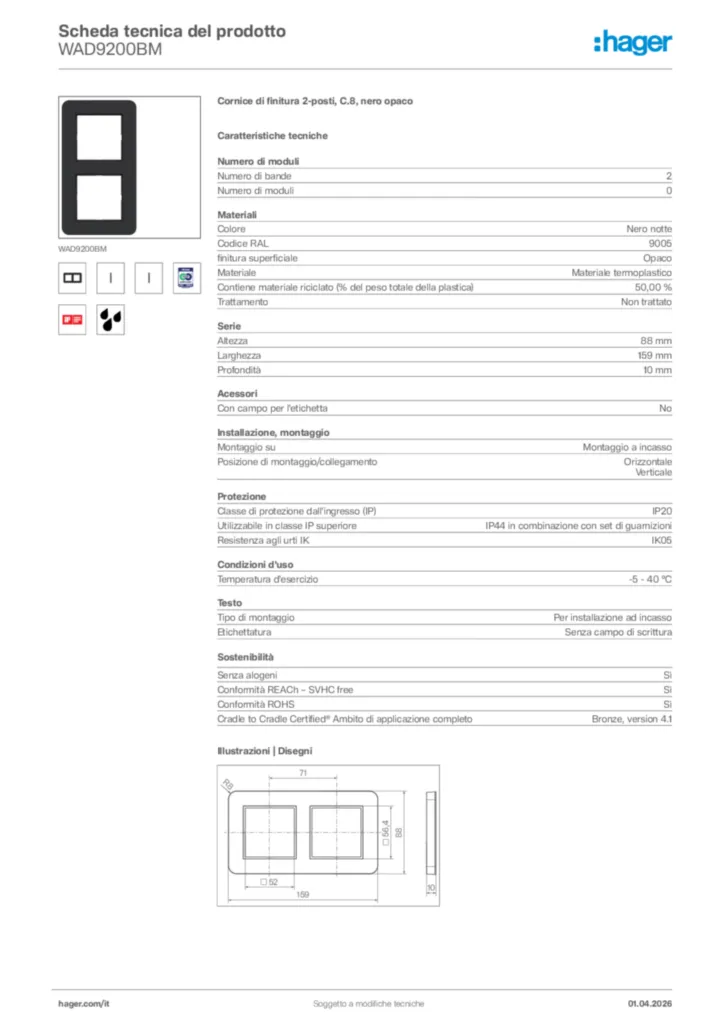 Immagine Hager Scheda tecnica del prodotto WAD9200BM | Hager Italia