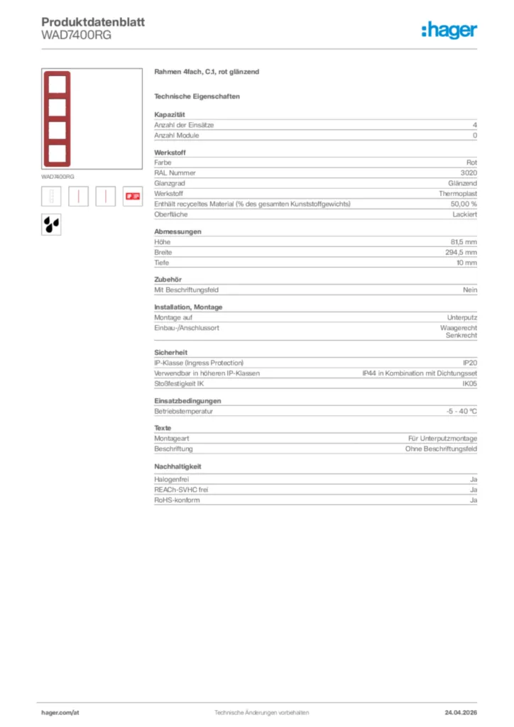Bild Hager Produktdatenblatt WAD7400RG | Hager Deutschland