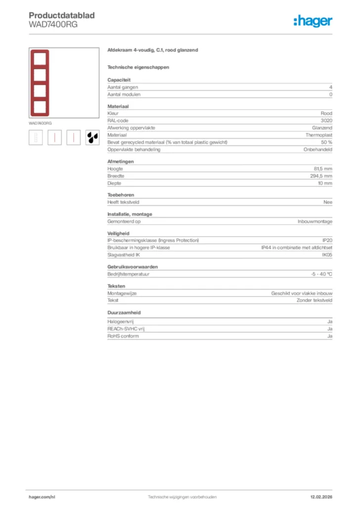 Afbeelding Hager Productdatablad WAD7400RG | Hager Nederland