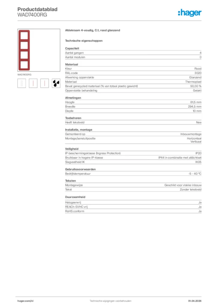 Afbeelding Hager Productdatablad WAD7400RG | Hager Nederland