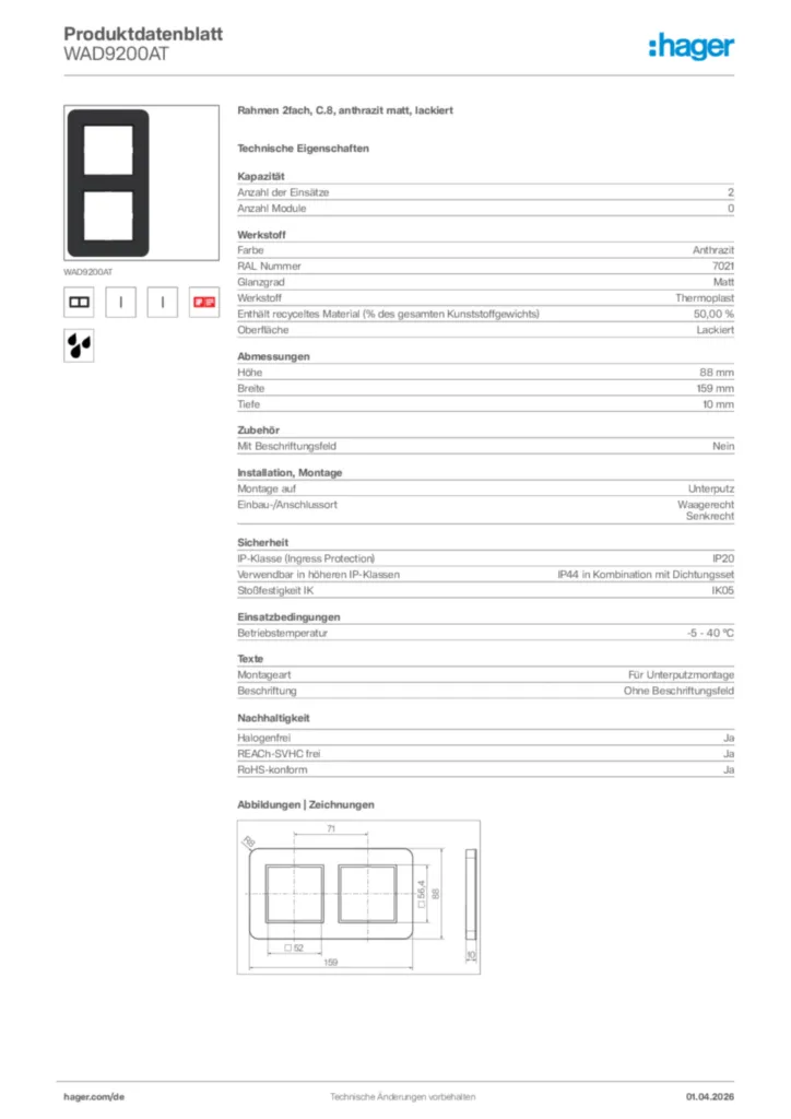 Bild Hager Produktdatenblatt WAD9200AT | Hager Deutschland