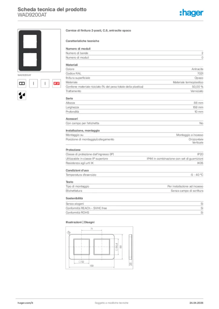 Immagine Hager Scheda tecnica del prodotto WAD9200AT | Hager Italia