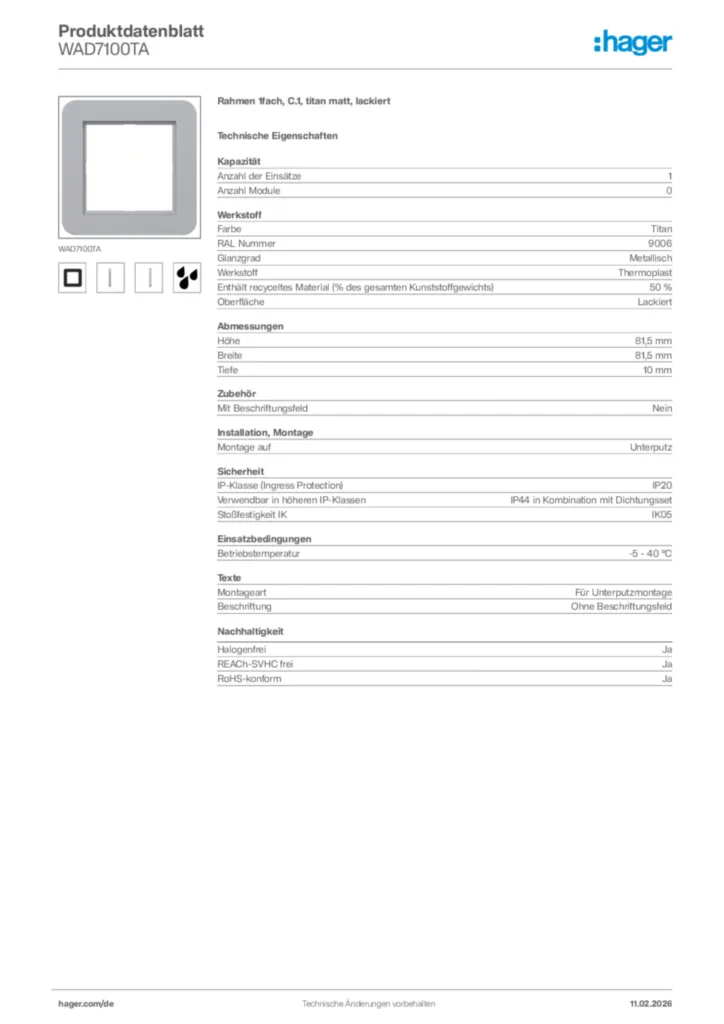 Bild Hager Produktdatenblatt WAD7100TA | Hager Deutschland