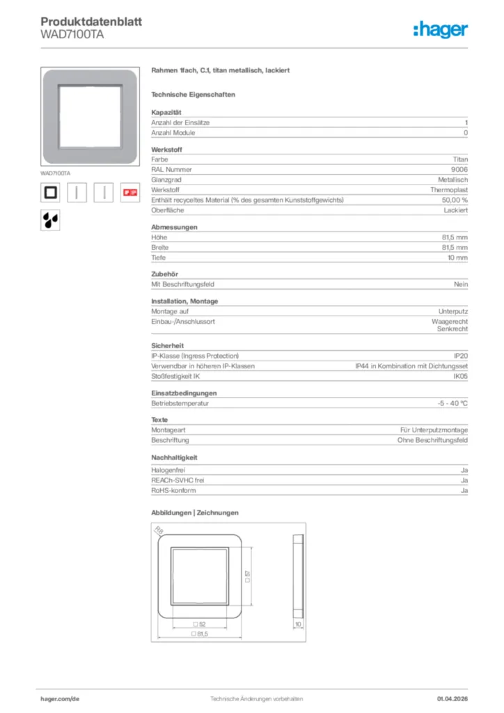 Bild Hager Produktdatenblatt WAD7100TA | Hager Deutschland