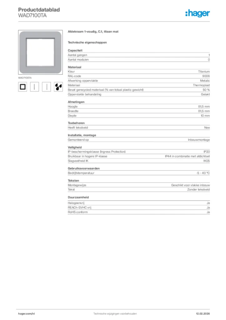 Afbeelding Hager Productdatablad WAD7100TA | Hager Nederland