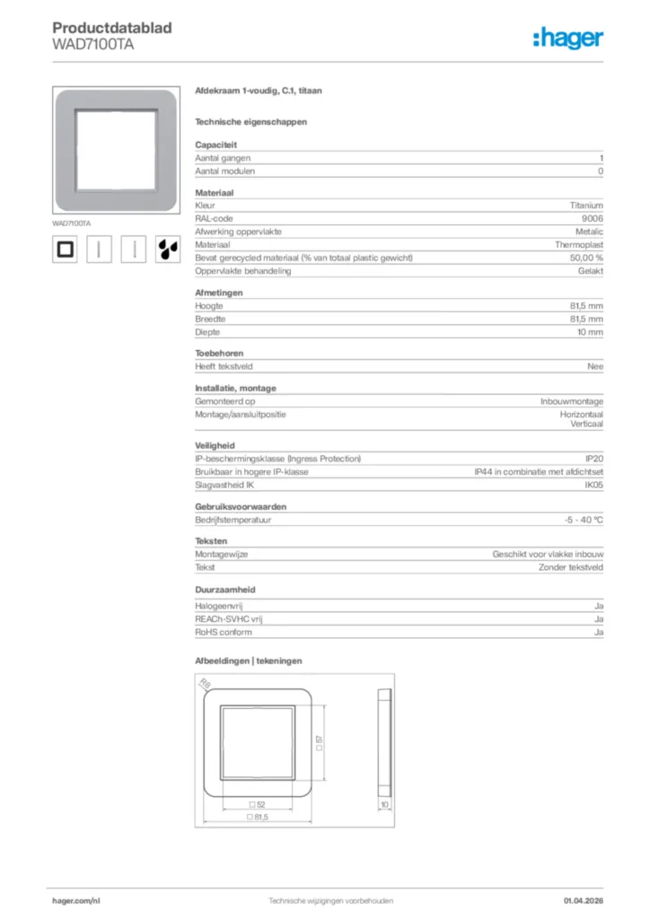 Afbeelding Hager Productdatablad WAD7100TA | Hager Nederland