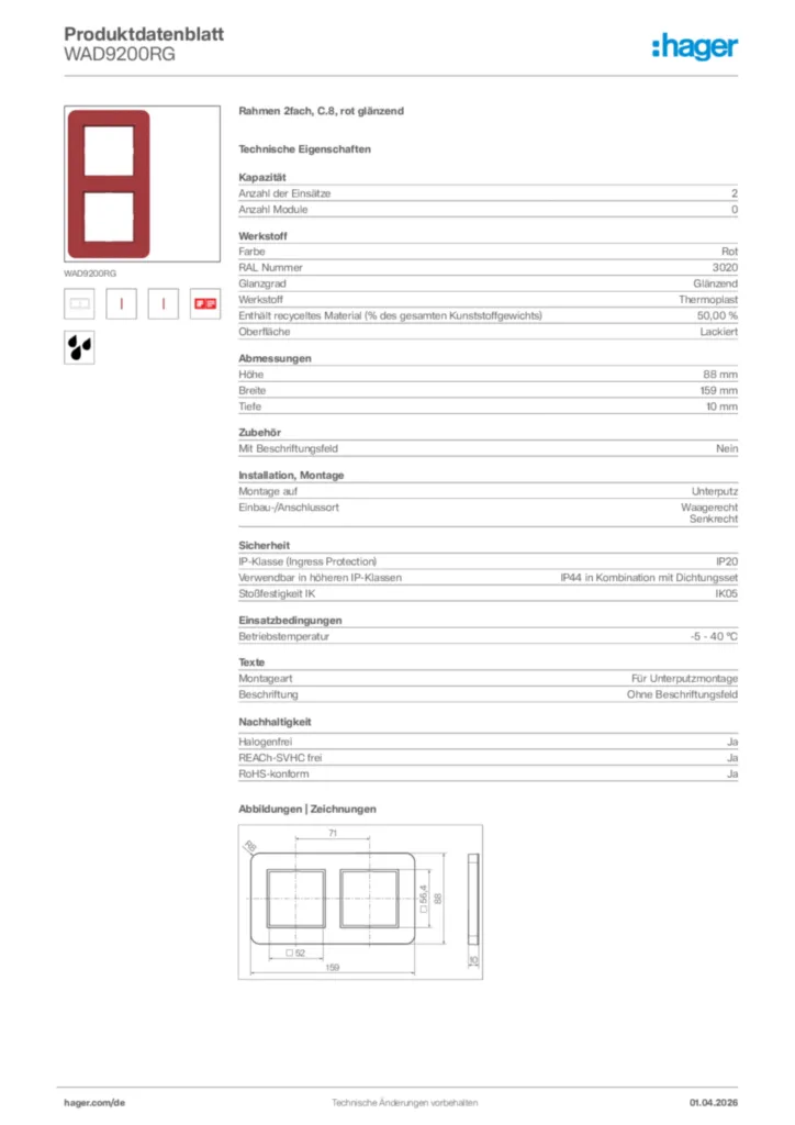 Bild Hager Produktdatenblatt WAD9200RG | Hager Deutschland