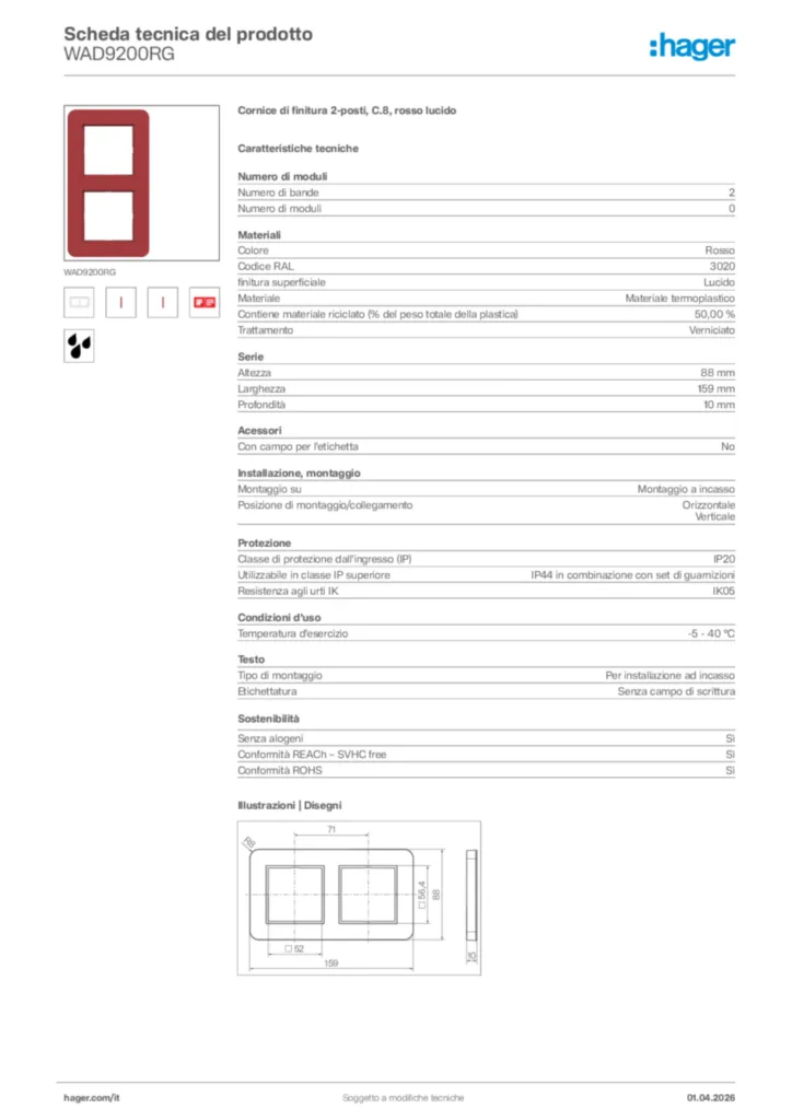Immagine Hager Scheda tecnica del prodotto WAD9200RG | Hager Italia