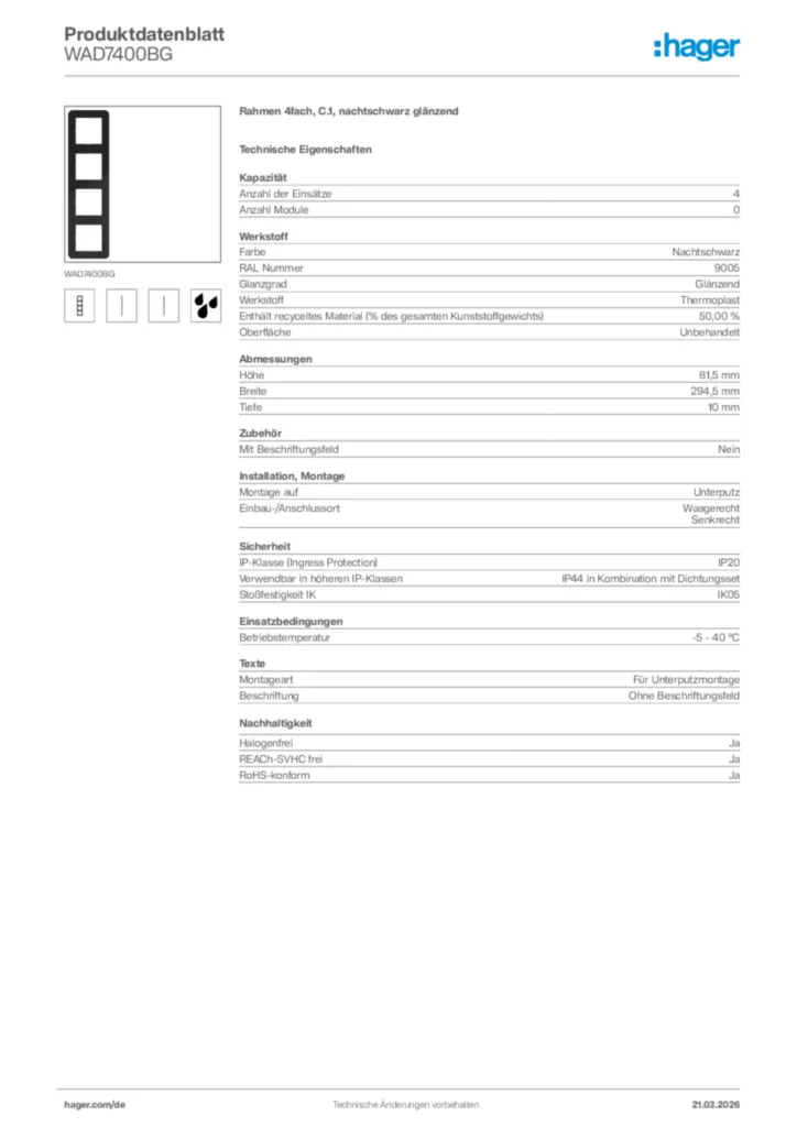 Bild Hager Produktdatenblatt WAD7400BG | Hager Deutschland