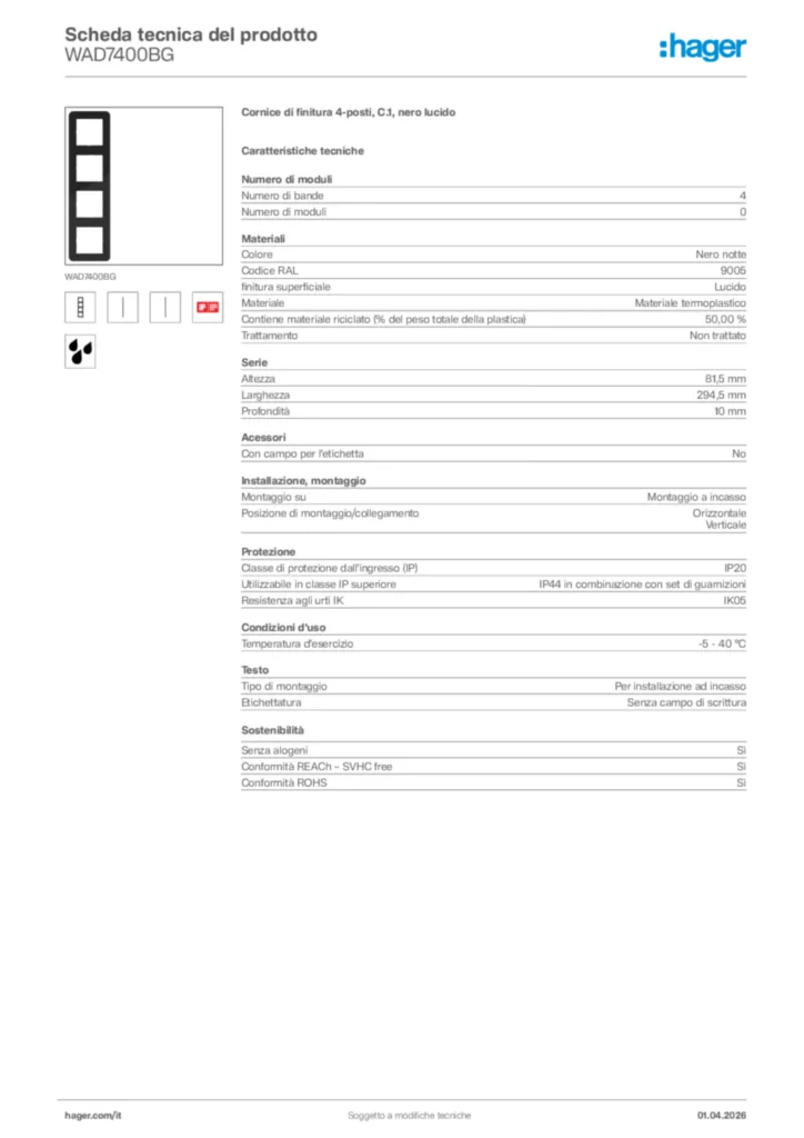 Immagine Hager Scheda tecnica del prodotto WAD7400BG | Hager Italia
