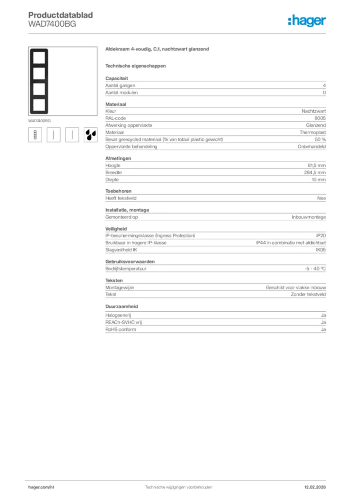 Afbeelding Hager Productdatablad WAD7400BG | Hager Nederland