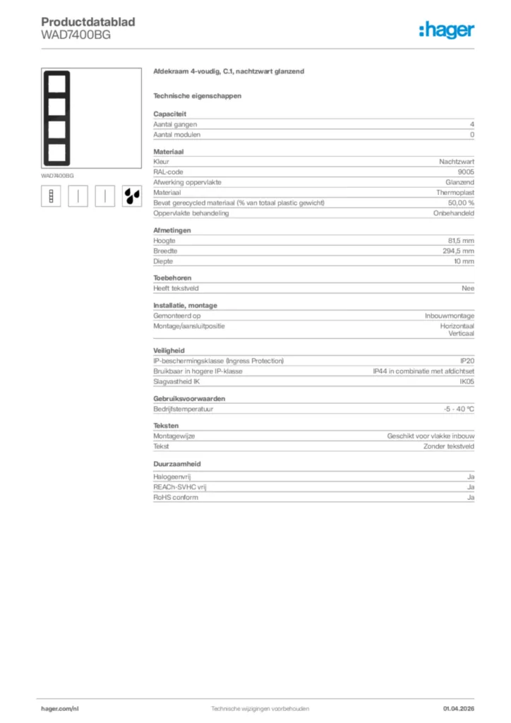 Afbeelding Hager Productdatablad WAD7400BG | Hager Nederland